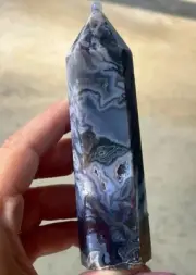 Natural Purple Blue Moss Agate Druzy Tower With Quartz, HQ Moss Agate Point