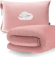 Homodoskey Blanket Pillow with Pockets, Airplane Blanket Set, Plane Blanket Compact Packable, Flight Essentials Car Pillow - Travel Essentials Women and Men on Airplanes (Pink)