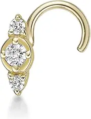 [Lavari Jewelers] 20 Gauge 0.03 Carat Lab Grown Diamond Curved Screw Nose Stud for Women - 14k Yellow or White Gold Three Stone Nose Ring - Unisex Nostril Piercing Jewelry - Body Piercing for Men