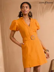 Love & Roses Orange V-Neck Belted Puff Sleeve Mini Dress (AW8884) | $150