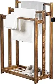 MyGift 3 Tier Freestanding Towel Rack - Rustic Dark Brown Wood Bathroom Towel Drying Stand Holder with Bottom Storage Shelf