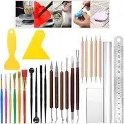 Glarks 26Pcs Carving Modeling Clay Sculpting Tool Set Pottery Sculpture Tool, Plastic Modeling Tool, Dual-End Dotting Clay Tool, Scraper, Paint Brush, Ruler, Acrylic Clay Roller, Acrylic Sheet