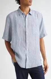 Sunspel Stripe Short Sleeve Linen Button-Up Shirt in Navy/White Linen Stripe at Nordstrom, Size Small
