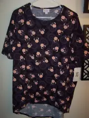 LuLaRoe IRMA XS MINNIE MOUSE MEDALLIONS BOWS FLOWERS BLACK PURPLE PEACH NWT