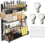 Spice Organiser Rack, 3 Tier Adjustable Height Carbon Steel Kitchen Storage Shelf with Guardrail & Utensil Divider | Includes 10 Stainless Steel Hooks + 3 Suction Cup Hooks