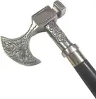 nautical brass silver axe head handle vintage wooden cane 37" walking stick gift
