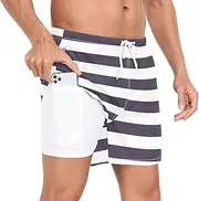 [GuoChe] Men Swim Shorts Mens Lined Workout Shorts Sea Soul Navy Ocean Stripes with Compression Liner Inseam Beach Shorts Quick, Sea Soul Navy Ocean Stripes, X-Large