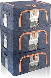 Tasmegol 3 Pack 22L Stackable Clear Window Clothes Storage Bins Box Foldable Frame Closet Organizer Large Capacity Linen Fabric Containers Bags for Bedding Quilt…