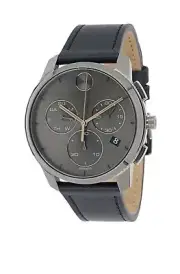 Brand New Movado Bold Men's Grey Dial Navy Leather Band Chrono Watch 3600720