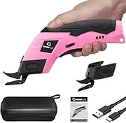 Cordless Electric Scissors, Electric Fabric Scissors, Cardboard Cutter, Box Cutter Power Shear,Automatic Scissors with 2 Blades for Fabric Carpet Leather Felt Cutting with Storage Bag, Pink