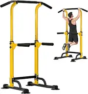 DlandHome Power Tower Dip Station Pull Up Bar for Home Gym Pull Up Bar Station Workout Equipment, 10 Height Adjustable, Yellow