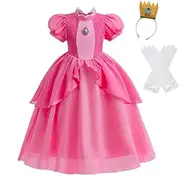 Dressy Daisy Super Brothers Princess Costume Dress with Crown and Gloves for Kids Girls Halloween Birthday Party Fancy Outfits Size 2 to 12