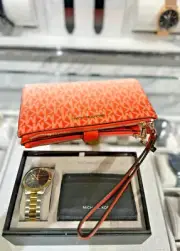 Michael Kors Large Double Zip Wristlet Credit Card Phone Holder Wallet(Red Clay)