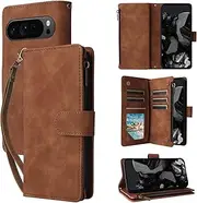 for Google Pixel 9 Pro XL 5G Wallet Case,for Google Pixel 9 Pro XL 5G Case,Boyobacase PU Leather Wallet Flip Cover Stand Feature[ 6 Card Slots and 1 Zipper Coin Pocket] with Wrist Strap-Light Brown