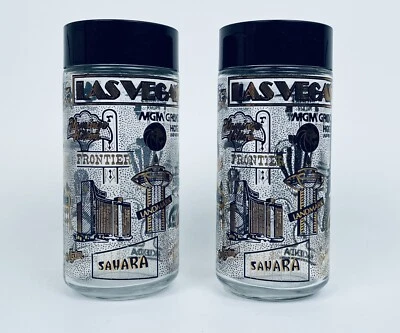 Vintage￼ Las Vegas Souvenir Salt and Pepper Shakers Black and Gold Glass