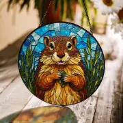Cute Groundhog Holding Snack Stained Glass Suncatcher, Unique Hanging Decor Gift
