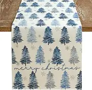 ARKENY Merry Christmas Tree Table Runner 13x48 Inches, Blue Winter Holiday Indoor Outdoor Table Decoration for Home