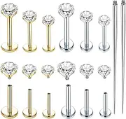[AGNURCADE] 6 Pairs 16G Stainless Steel Labret Internally Threaded Lip Nose Piercing Studs Flat Back Medusa Conch Tragus Cartilage Helix Body Piercing Jewelry Earring Studs for Women Men, Stainless