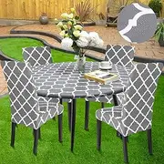 Round Picnic Table Cover with Bench Covers, Waterproof Camping Tablecloth for 37-44in Tables, Plastic Picnic Table Cloth with Elastic Edges for Camping, Outdoor, Indoor (Gray)