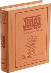 Jenga Vintage Bookshelf Edition – 54 Hardwood Blocks & Fabric‑Wrapped Storage Book | Classic Stacking Tower Game for Family Game Night, Kids & Adults, Retro 1986 Logo,WS Game Company