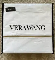 Vera Wang Luxe Satin Weave Queen Sheet Set White Cotton Embroidered Gold 4pc NEW