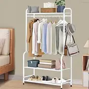 [Forthcan] Metal Clothing Rack with Top and Bottom Shelves and Side Meshes Clothes Garment Rods Portable Garment Rack Freestanding Hanger Space Saving Clothes Organizer for Hanging Clothes (White)