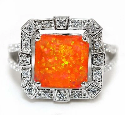 Natural Red Fire Opal & White Topaz 925 Sterling Silver Ring Jewelry Sz 8