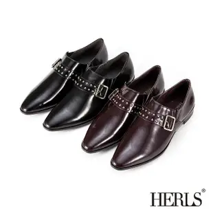【HERLS】樂福鞋-全真皮鉚釘皮帶釦環尖頭漆皮樂福鞋(酒紅色)