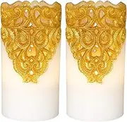DRomance Hollow Gold Flameless Flickering Candles with 5H Timer, Battery Operated LED Pillar Candles Unscented Wax Warm Light Christmas Home Decoration(Set of 2, 3 x 6 Inches)