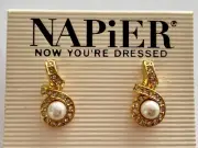 NEW Napier Rhinestone Pearl Gold Tone Pierced Stud Earrings