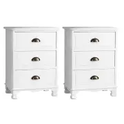 2x Bedside Table 3 Drawers Vintage - THYME White