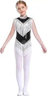 [Yihuimin] Kids Girls Sparkly Sequins Dance Leotard Sleeveless Mock Zip Back Bodysuit Tassel Skirts