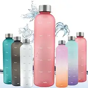 TOOGABBIE 1 Liter Water Bottle, Lightweight Water Bottle 1000ml Water Bottle with Time Marker, Slim Fashion Transparent Water Bottle, Mint Motivational Measuring Time and Quantity, BPA Free Frosted