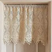 Hollow Crochet Curtain Valance - Rustic Cotton Lace Cafe Short Drapes Rod Pocket, Farmhouse No Drill Half Curtains for Kitchen Cabinet Doorway Coffee Window Decor (Beige,59"W x 28"L (Pack of 1))