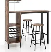 Giantex 3PCS Bar Table and Chair Set, Industrial Pub Table and Stools with Wine Glass Holders & 6-Bottle Wine Racks, Counter Height Dining Table Set for Living Room Dining Room Kitchen, Rustic Brown