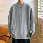 Long-Sleeve Crew Neck Plain Ribbed T-Shirt Gray - 3XL