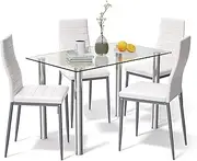 Giantex 5Pcs Dining Table Set w/Tempered Glass Top & High Backrest Chair, Steel Frame Table & 4 Leather Chairs, Modern Dining Table Set Kitchen Furniture for Dining Room, Living Room & Kitchen, White