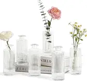 [IGGUCEA] Small Glass Bud Vases Set of 6,Vases for Flowers Mini Clear Glass Bud Vases in Bulk, Vases for Centerpiece, Ribbed Vases Set, Wedding Table Ceterpiece, Housewarming Gift (6, Clear)