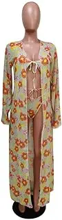 Floral Print Swimwear Cover Up 3 Piece Bikini Set Push Up Low Rise Thong Long Sleeve Cardigan Bathrobe Beachwear