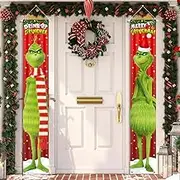 Grinch Christmas Porch Sign Banner Decorations Grinch Yard Door Decorations Supplies for Indoor Outside Front Door Living Room Kitchen Wall Party