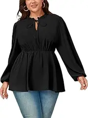 [CICIDUDU] Womens Plus Size Blouse Tops Long Sleeve Tie Front Work Tops Dressy Casual Flowy Ruffle Peplum Tops for Women