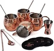 Artisan’s Anvil Moscow Mule Mugs – Cocktail Set of 4 Moscow Mule Cups with Straws, Coasters, Jigger, Stirrer - Stainless Steel Hammered Mug Set – Copper Mule Mugs for Mixed Drinks, Beverages