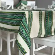 Linen Tablecloth “Ukrainian Ornament” – Beige with Green Embroidery, 145x250 cm
