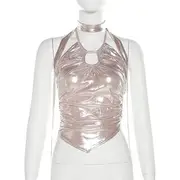 Halter-Neck Plain Metallic Cut-Out Slim-Fit Crop Camisole Top Pink - L