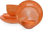 [Zak Designs] Dinnerware Sets for Indoors and Outdoors, 12 Pieces Melamine Plastic Plates and Bowls for Dinnertime with Family (American Conventional Orange)