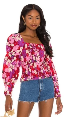 NWT Free People Ariana Top XS Boho Floral Smocked Ruffle Red Pink Long Sleeve