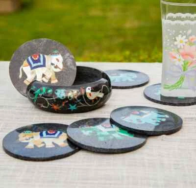 black Marble Tea Coaster Set Inlay Floral semi precious stone table Home Decor