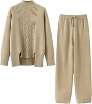 [Generic] Women Sweater 2Pc Set Mock Neck Split Knit Pullovers Drawstring Waist Wide Leg Pants Lounge Sets Knitted Tracksuits