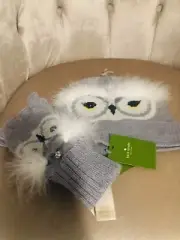 Kate Spade New York Who Me Gray Star Bright Owl Fur Wool Beanie Mitten Women Set