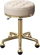 LYBH Home Office Stools Round Rolling Beauty Stool on Wheels, Adjustable Swivel Drafting Spa Salon Massage Chair with PU Leather Seat & Stainless Steel Gold Frame (Color : Beige), 789456